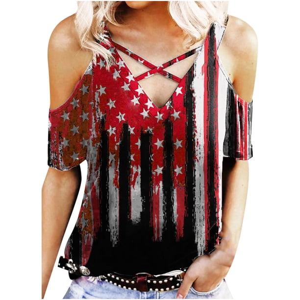 Día de la Independencia Mujer Casual Sexy Moda Verano Cuello redondo Correa Un hombro Camiseta Impreso Tops Blusa Pompotops hfajkhk133048