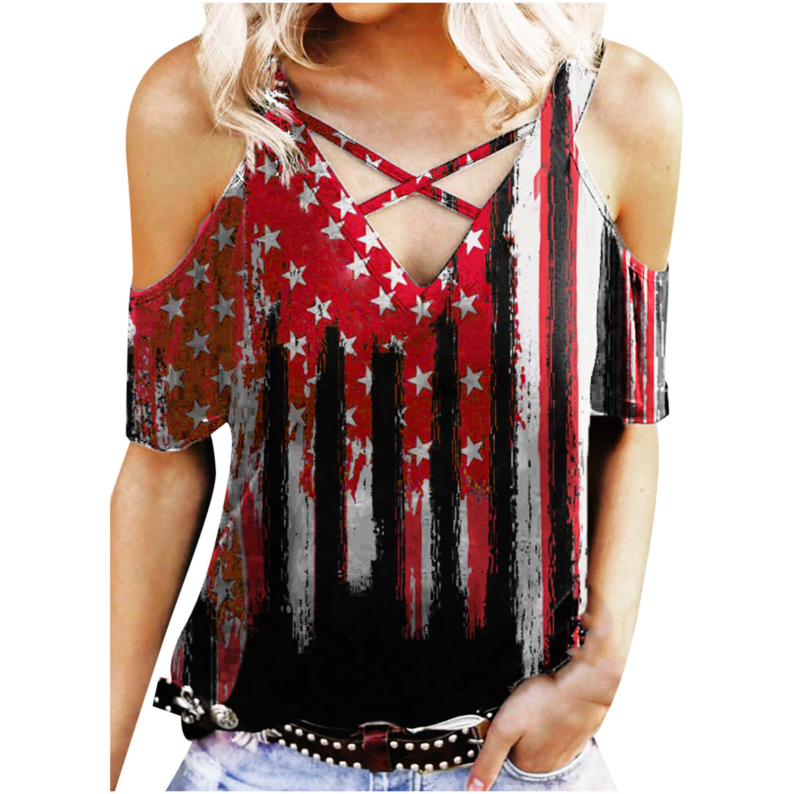 4th of July Tops for Women Casual American Flag Independence Day T-Shirt Summer Short Sleeve 