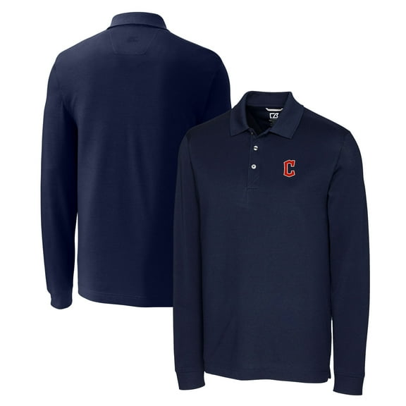 Men's Cutter & Buck Navy Cleveland Guardians Big & Tall Advantage Eco Pique DryTec Tri-Blend Long Sleeve Polo