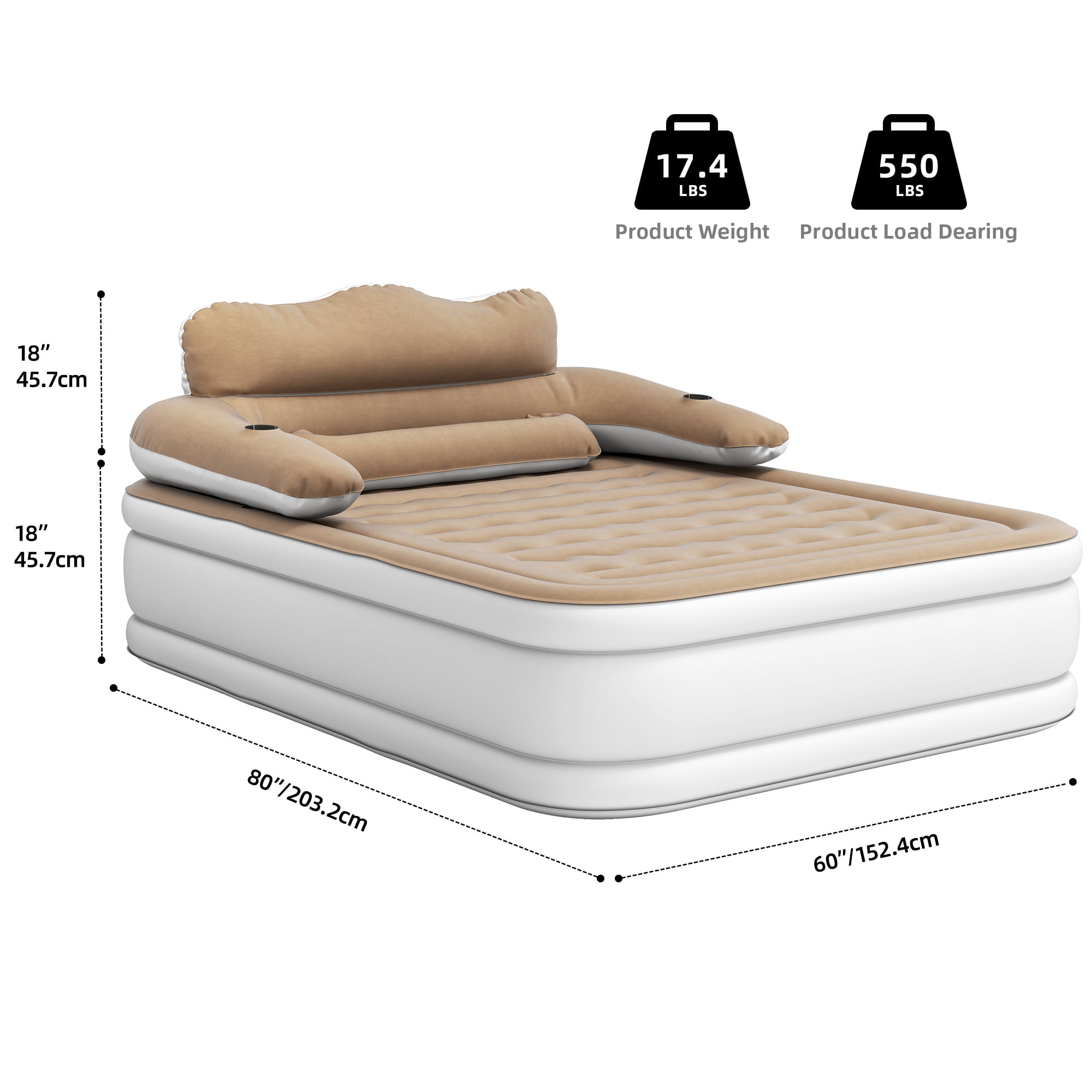 Uforic Inflatable Queen Air Bed, 18" Thick Mattress with Headboard, Built-in Pillow and Electric Air Pump, Brown, Indoor Outdoor Use