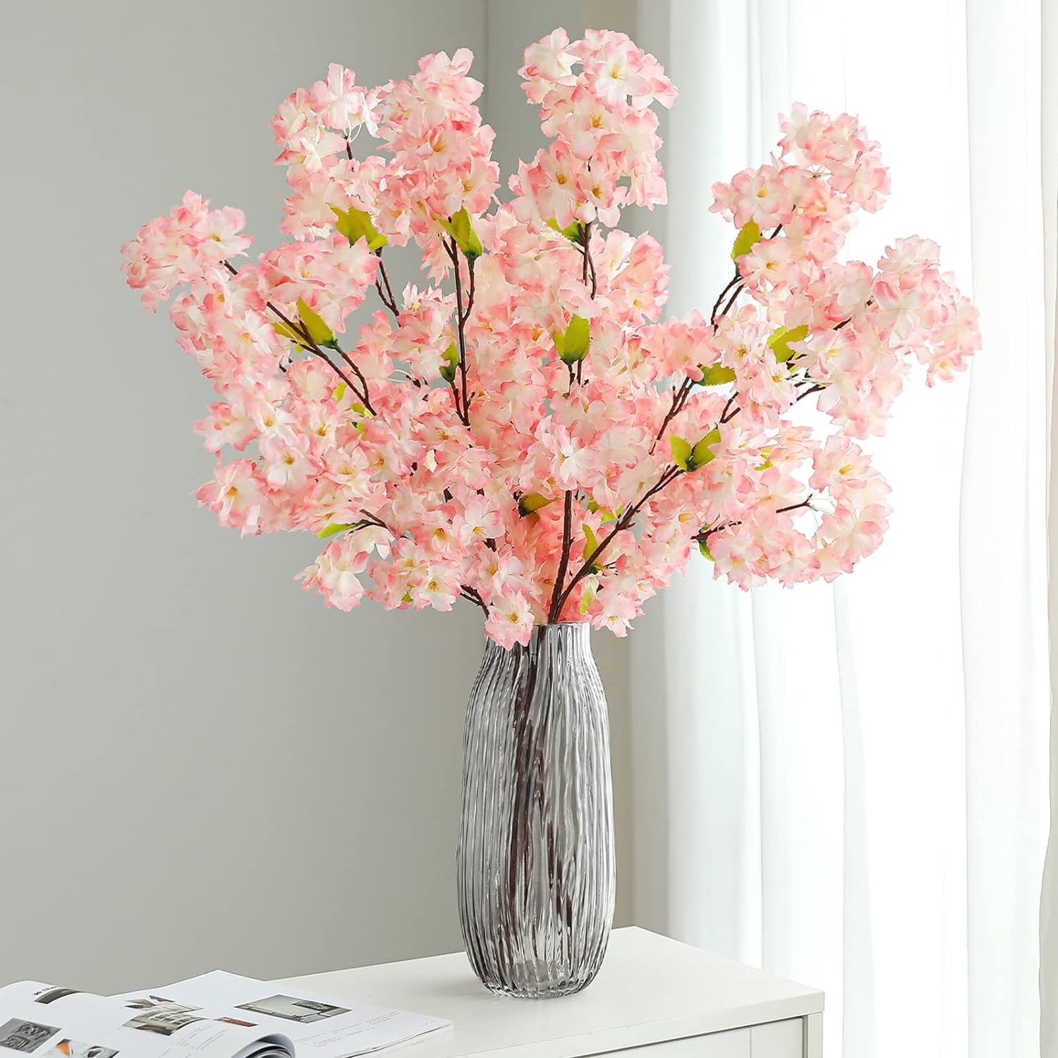 Artificial Flowers Cherry Blossom Branches 42 Inch Fake Silk Cherry Blossom Flowers Arrangements for Wedding Party Home Decoration (Dark Pink,3Pack)