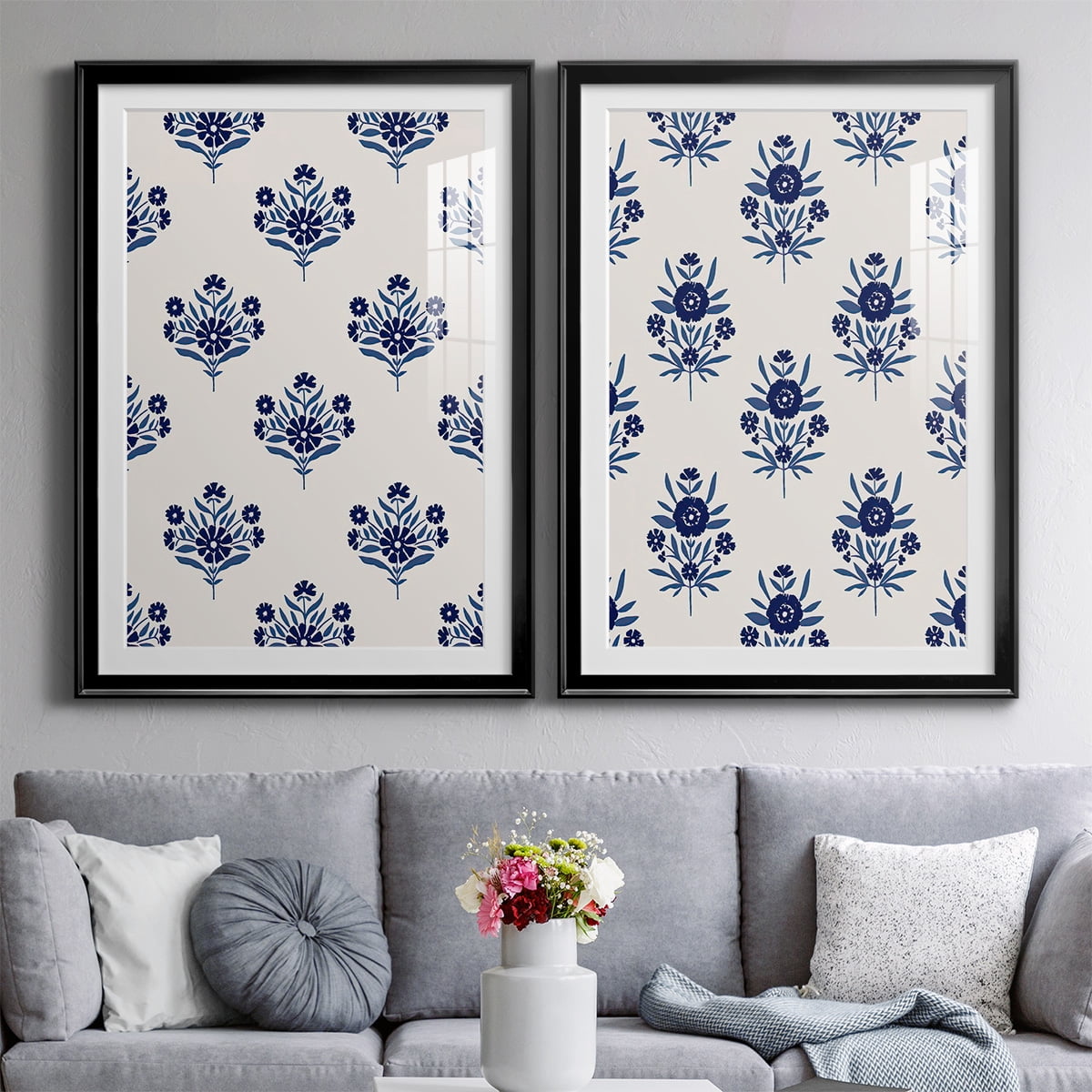 Wexford Home Indigo Bloom Pattern I Premium Framed Print, 18.5" x 24.5" - Ready to Hang, Black (Set of 2)