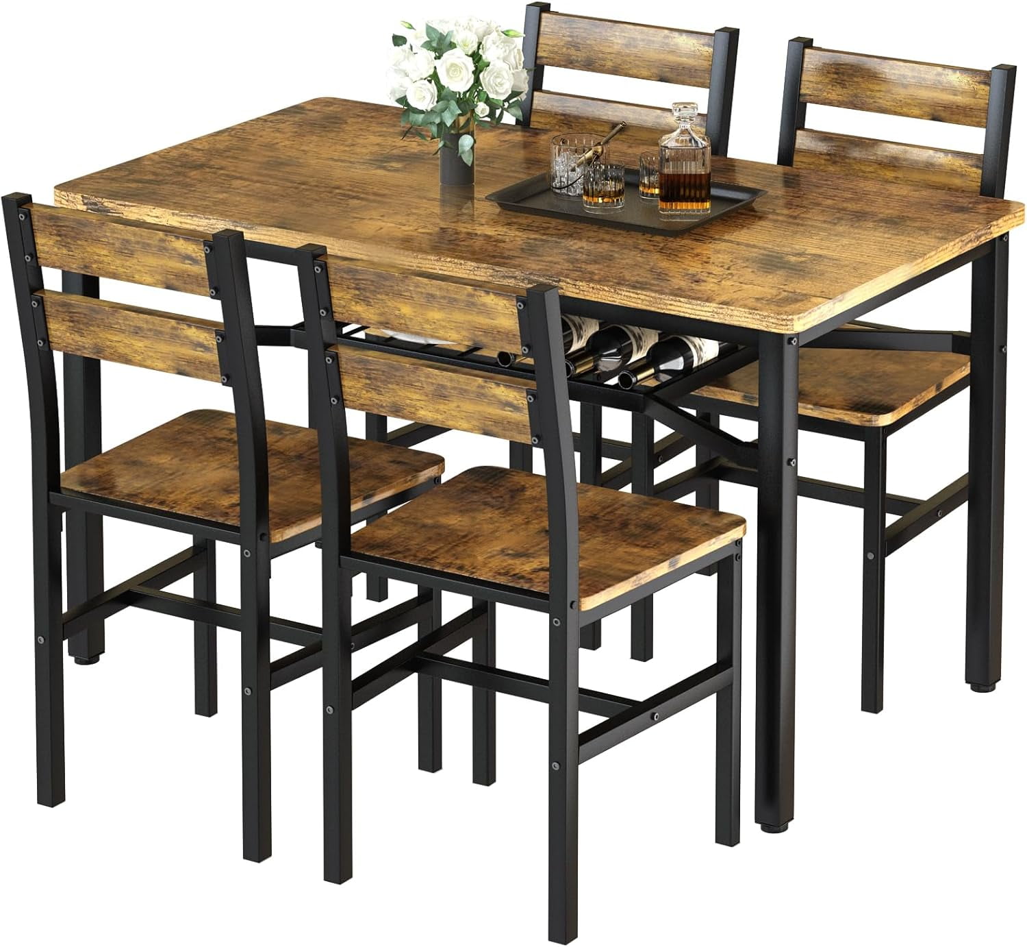 Baxluxe 4-person dining table set, farmhouse-style wooden kitchen dining table and chair set, farmhouse 5-piece dining table set with storage rack, small kitchen dining table set, rustic brown.