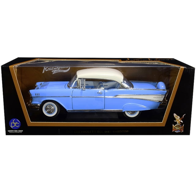 1957 Chevrolet Bel Air techo rígido azul claro con tapa blanca 1/18 modelo de coche fundido por Road Signature Road Signature 92109lght-bl