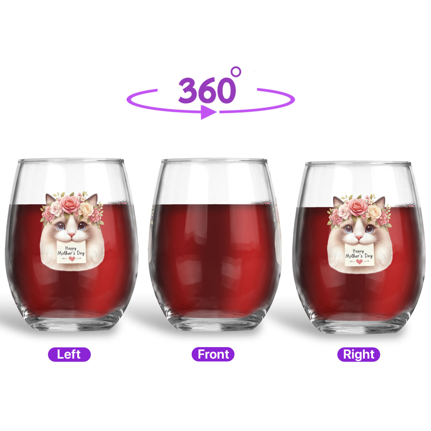 Happy Mother's Day Ragdoll with Flower Crown and Greeting Card 15oz Stemless Wine Glass Mug Cat Lover Kitten Owner Gifts Idea Wine Glasses Cup - 13004