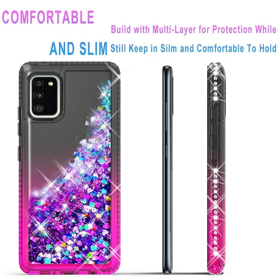 Samsung Galaxy A02S Case, [Not fit for Samsung Galaxy A01/ Galaxy A12], Liquid Floating Glitter Quicksand Bling with Spot Diamond Cover - Black/Pink