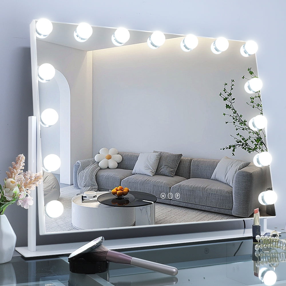 Fenair Large Hollywood Vanity Mirror with Lights 360° Rotation Tabletop 15 lights Metal White 22