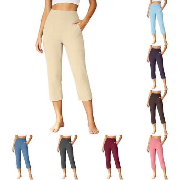 QTSHPN Workout Pants Women Wide Leg Capris with Pockets High Waistband Yoga Pants Breathable Stretchy for Summer Casual Wear Women Pants Beige XL