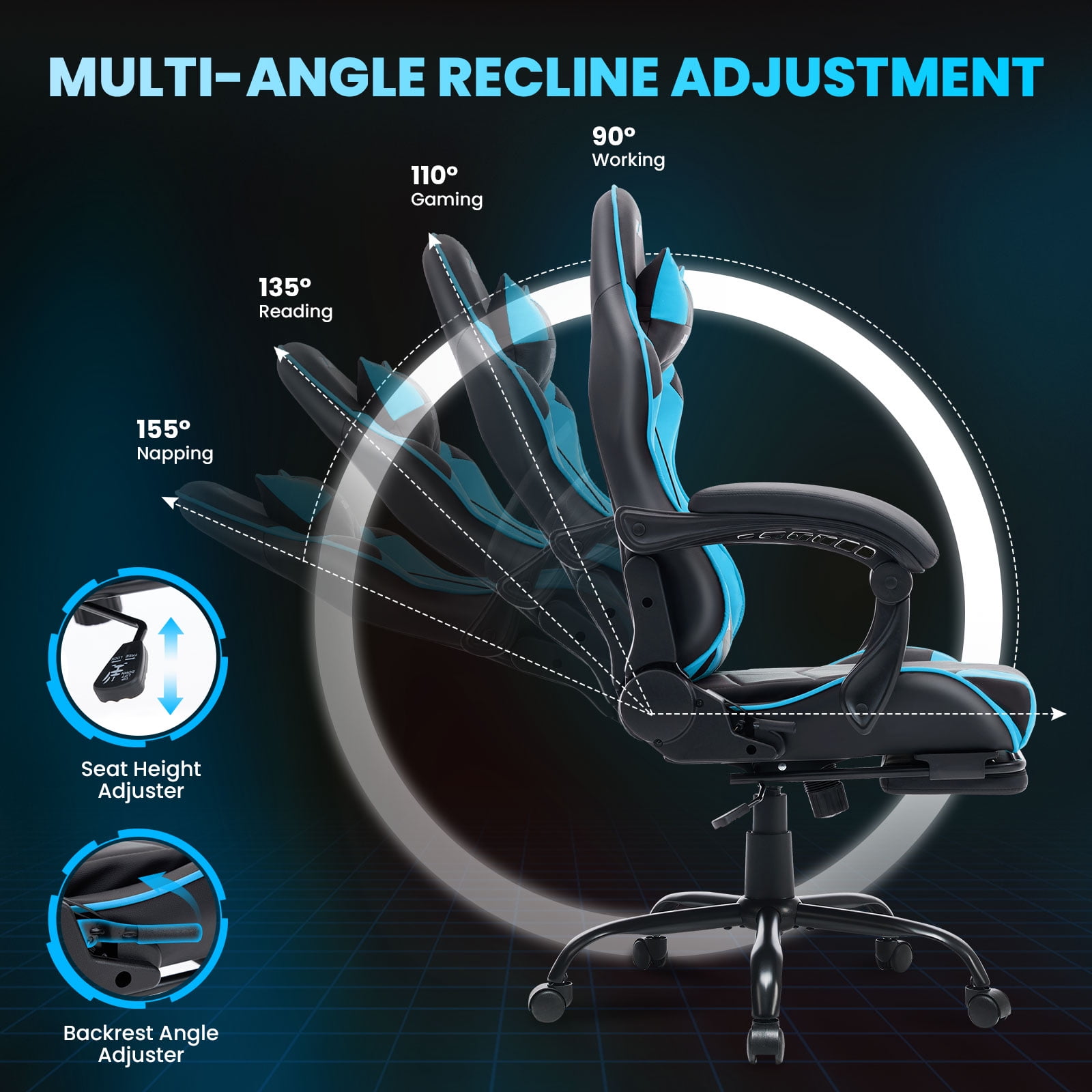 JONPONY Big and Tall 500LBS Gaming Chair, Ergonomic Design, Gamer Chair PU Leather with Footrest and Lumbar Support, High Back Office Chair Support, Long Sitting Computer Chair, Blue