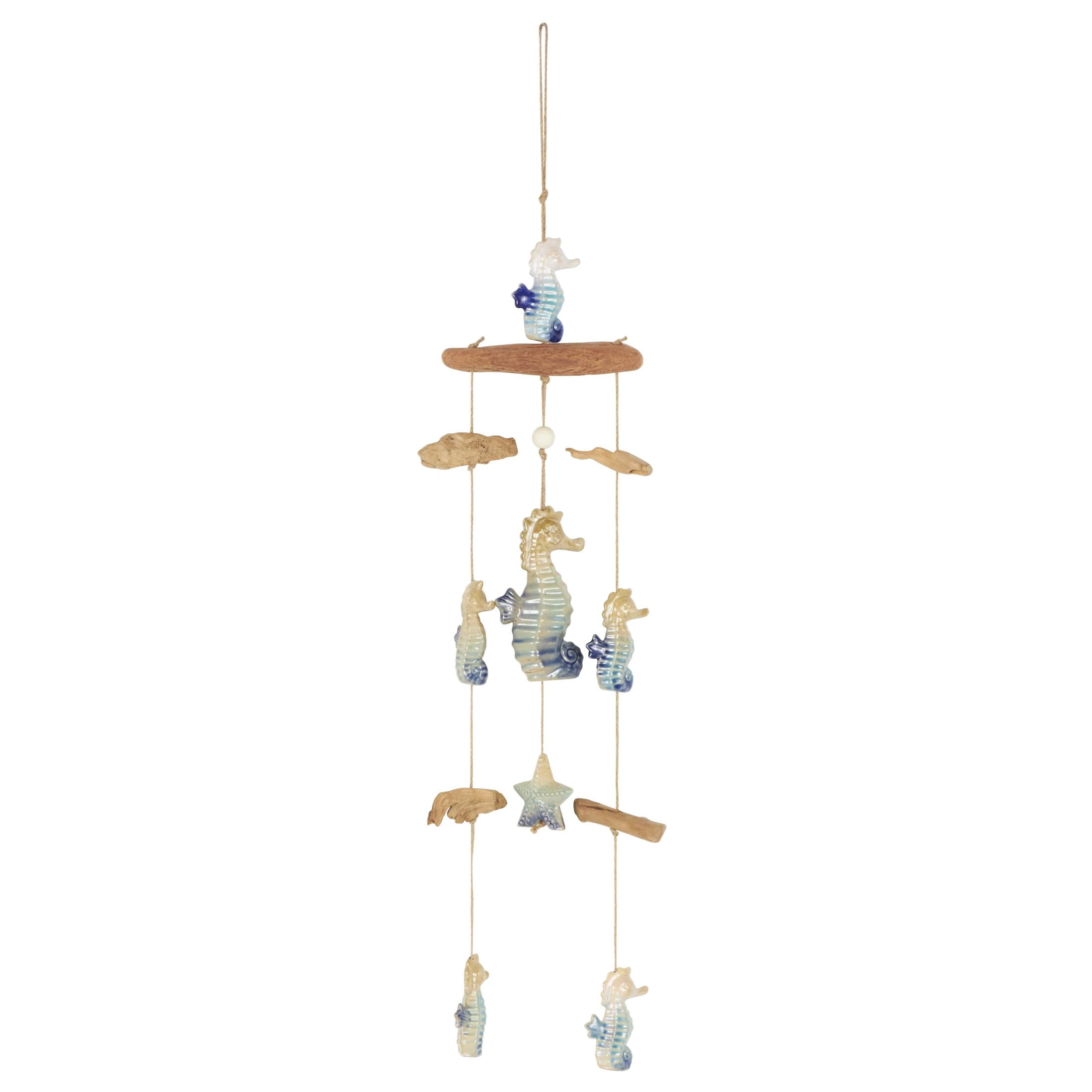 DecMode 41" Blue Ceramic Ombre Starfish Windchime with Driftwood and Hanging Starfish Accents