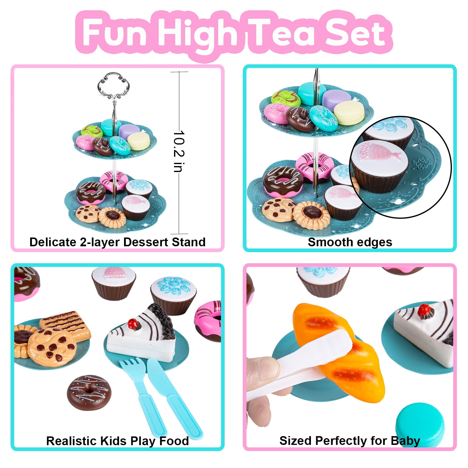 VENSEEN 37 PCS Kids Tea Set for Little Girls Play Dessert and Toy 