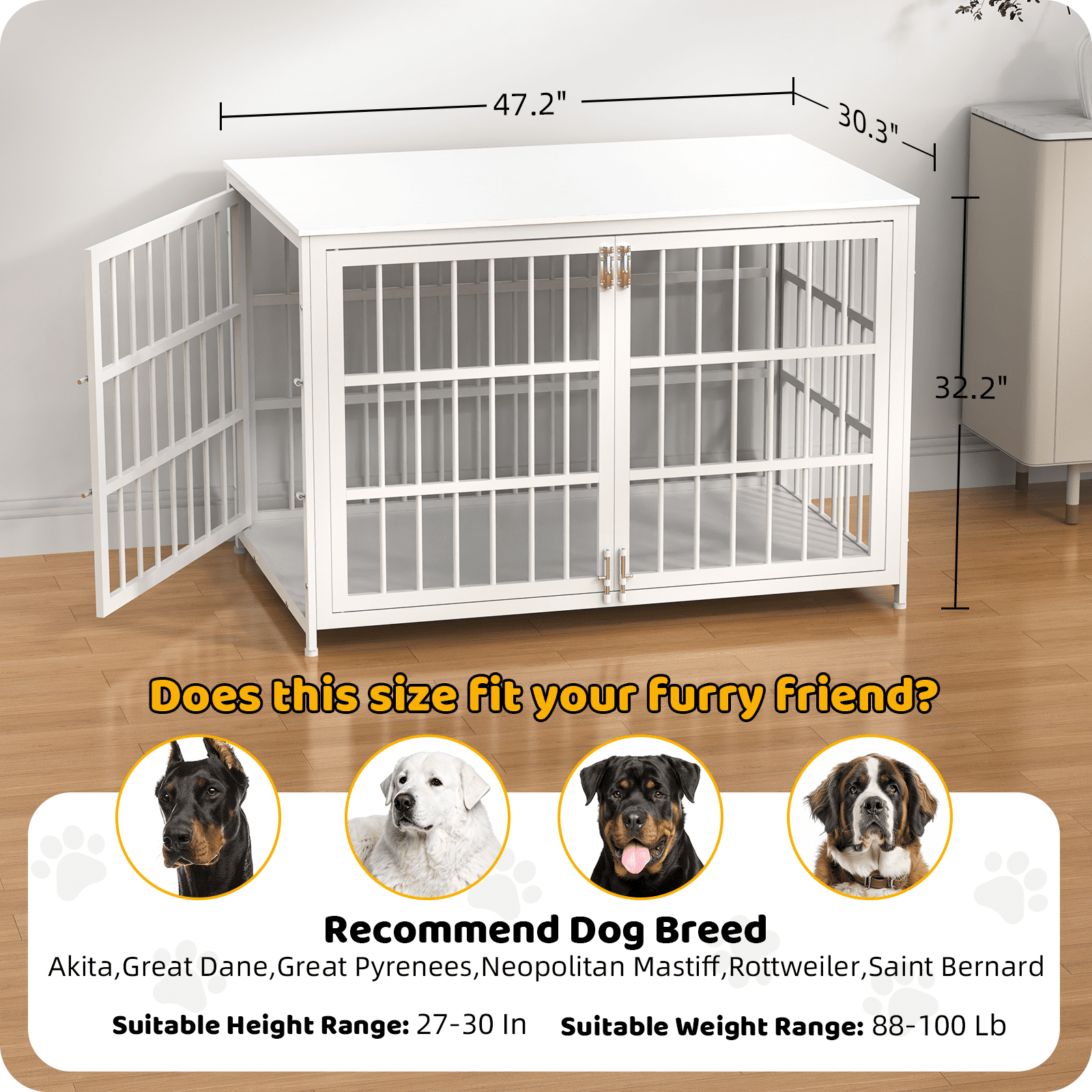 Ironovahome 48" Heavy Duty Dog Crate Furniture, Chew-Proof & Escape-Proof Wooden Dog Cage with Safe Locks & Double Doors, XL Indoor Dog Kennel Pet House for Large Dogs Up to 100lb, White