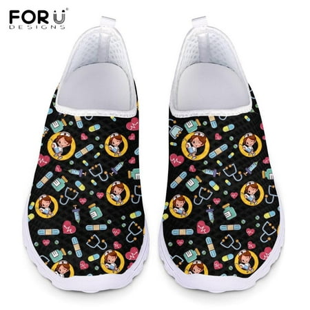 

FORUDESIGNS Sketch Cartoon Nurse Pattern Slip On Mesh Sneakers Casual Summer Lady Shoes Comfortable Spring Flats Black Shoes