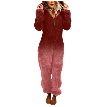 

Tangnade Jumpsuits For Women Dressy Women Long Sleeve Hooded Jumpsuit Pajamas Casual Winter Warm Rompe Sleepwear Red XL