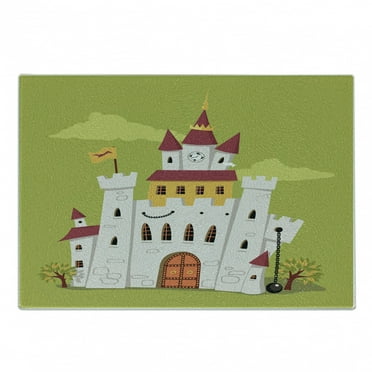 Castle Cutting Board, German Style Fortress Clock Tower Cartoon, Decorative Tempered Glass Cutting and Serving Board, in 3 Sizes, by Ambesonne