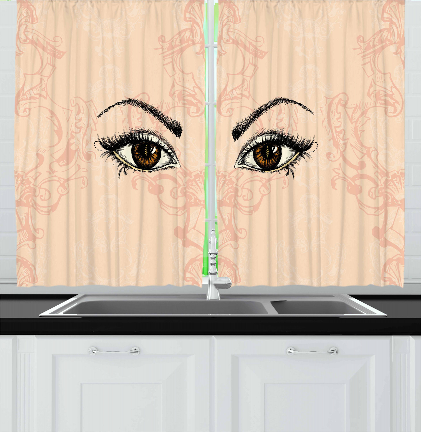 Eyelash Curtains 2 Panels Set, Sketch Style Pair of Woman Eyes Female Look with Victorian Floral Ornaments, Window Drapes for Living Room Bedroom, 55W X 39L Inches, Peach Black Amber, by Ambesonne