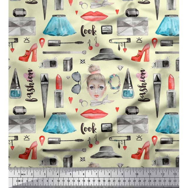 Soimoi Poly Georgette Fabric Lipstick,Perfume Bottle & Dress Fashion Printed Fabric 1 Yard 52 Inch Wide