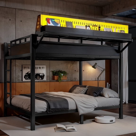 Bellemave Queen Over Queen Bunk Bed Guardrail Storage Basket, Charging Station and LED Lights, Metal Queen Bunk Beds Frame with Storage Shelves for Kids Teens Adults, Black