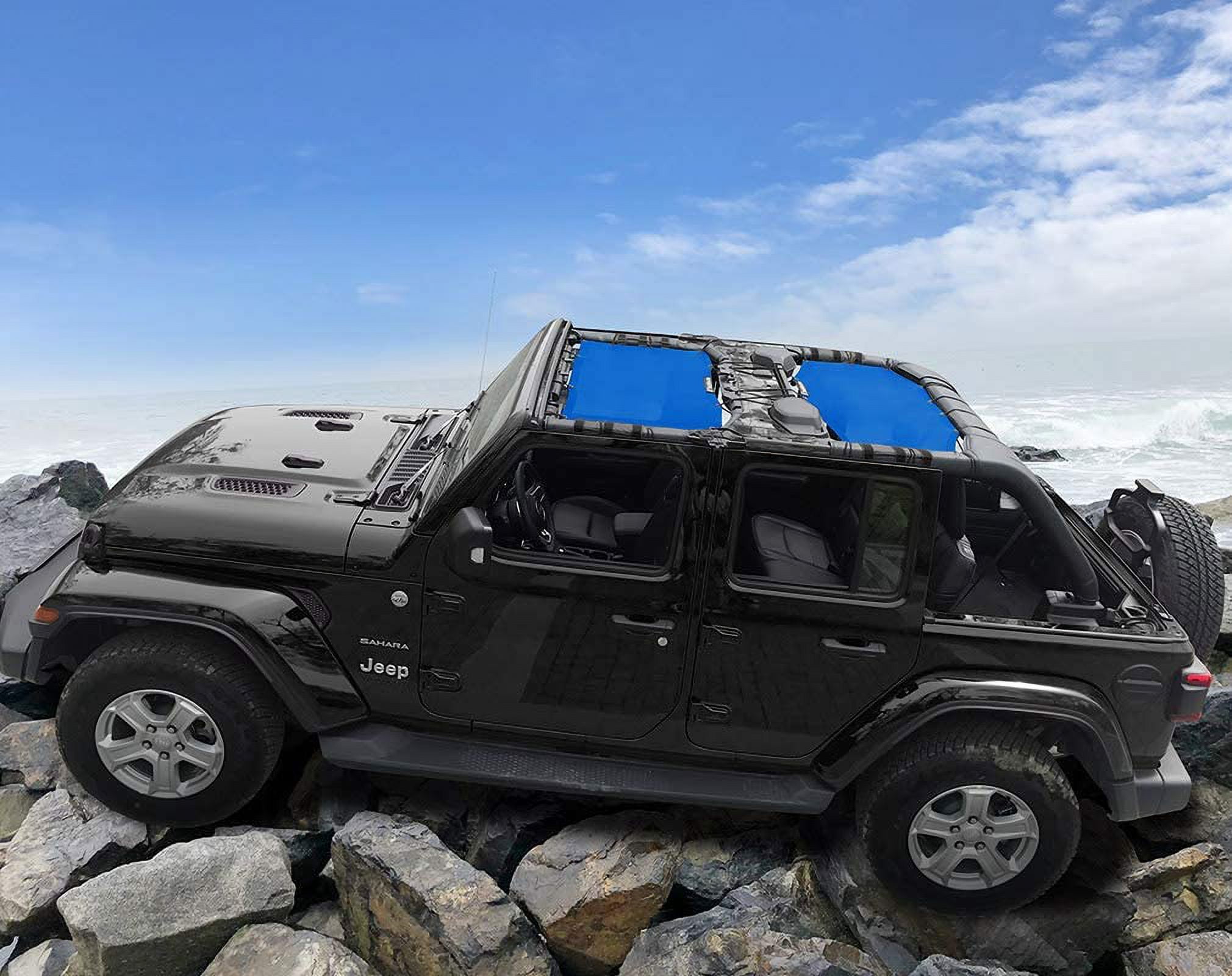 Shadeidea Jeep Wrangler Sun Shade JL Top Sunshade Front and Rear 2 piece-Blue Mesh Screen Sunshade JLU Unlimited 4 Door 2018-Current New Model Cover UV Blocker with Grab Bag-10 Years Warranty