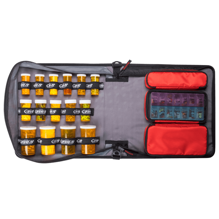 Med Manager by Case-it, Portable Pill Organizer Case, Travel Medication Bag, Holds Various Sized Pill Bottles, Great for Home or Travel (Deluxe, Red)