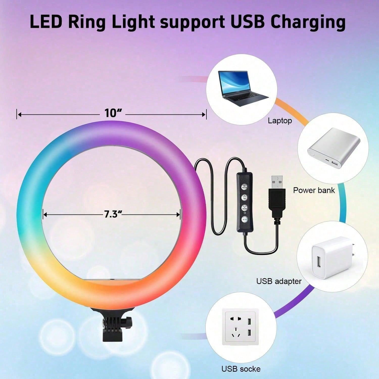 10"/190 cm Professional RGB Selfie Ring Light & Tripod Stand – Extendable 17-64" Height, 48 Dynamic Lighting Modes for Content Creators, Gamers, and Beauty Influencers (iPhone/Android)