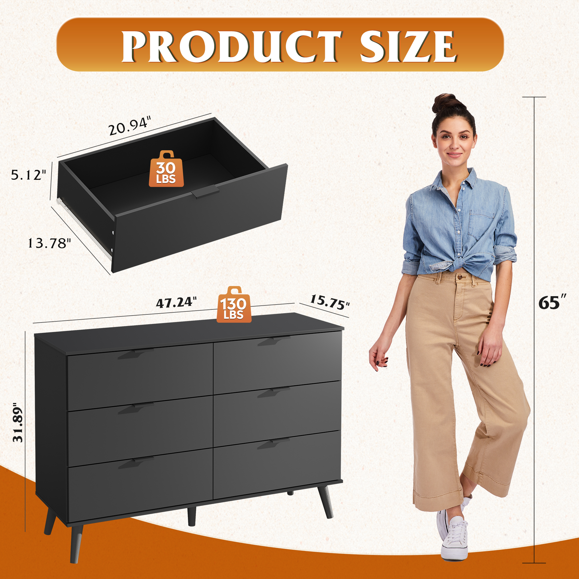GALAXHERO 6 Drawer Wood Dresser, 47.2" Wide Chest of Drawer with Metal Handles, TV Stand for 55" TV, Double Dresser for Bedroom, Living Room, Hallway, Closet, Black