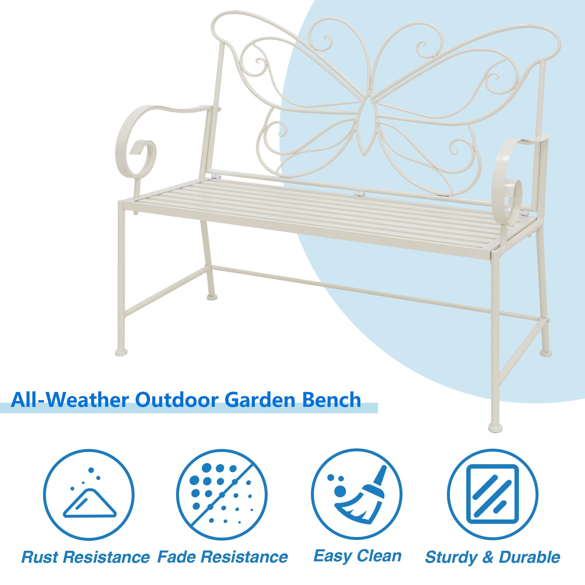 Abble 42" Outdoor Bench Metal Butterfly Design Patio Garden Bench for Porch Yard Lawn Patio Bench,  Ivory
