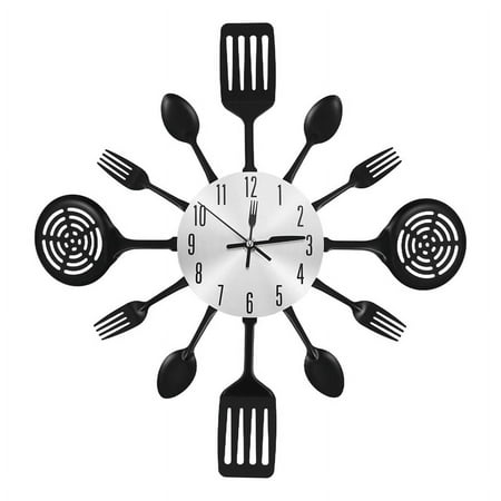 16 Inch Large Kitchen Wall Clocks with Spoons and Forks,Great Home Decor and Nice Gifts,Black