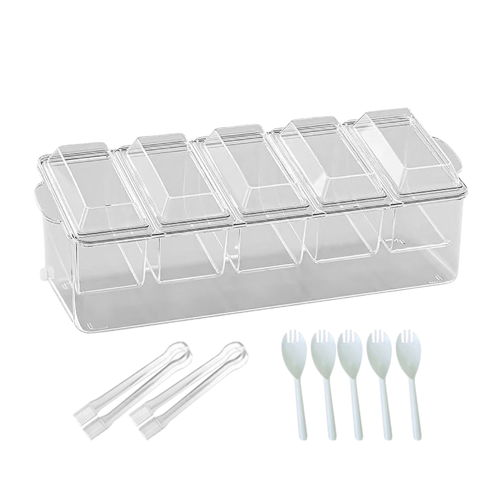 Ice Cooled 5-Compartment Condiment Server Caddy - Serving Bowl Container With 5 Removable Dishes With Over 2 Cups Capacity Each And Hinged Lid | 3 Serving Spoons 3 Tongs Included