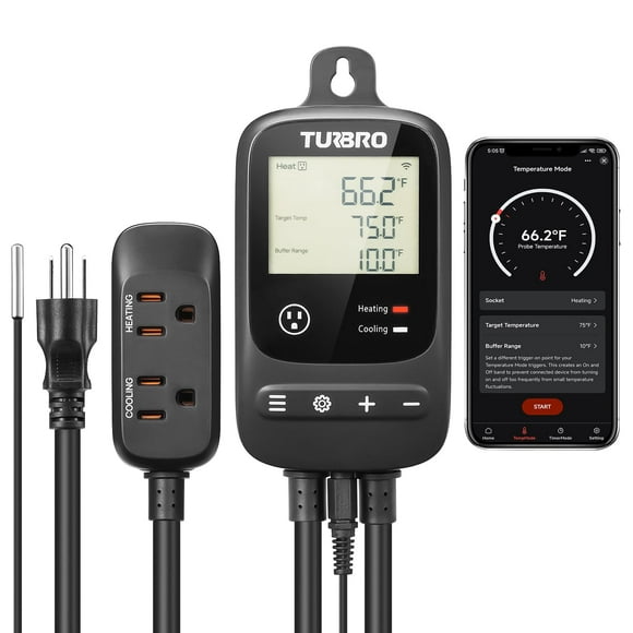 TURBRO Smart Temperature Controller Heating Cooling, WiFi-Enabled Thermostat with Timer and Temperature Monitoring for Home Brewing, Seedling, Greenhouse, and Reptil