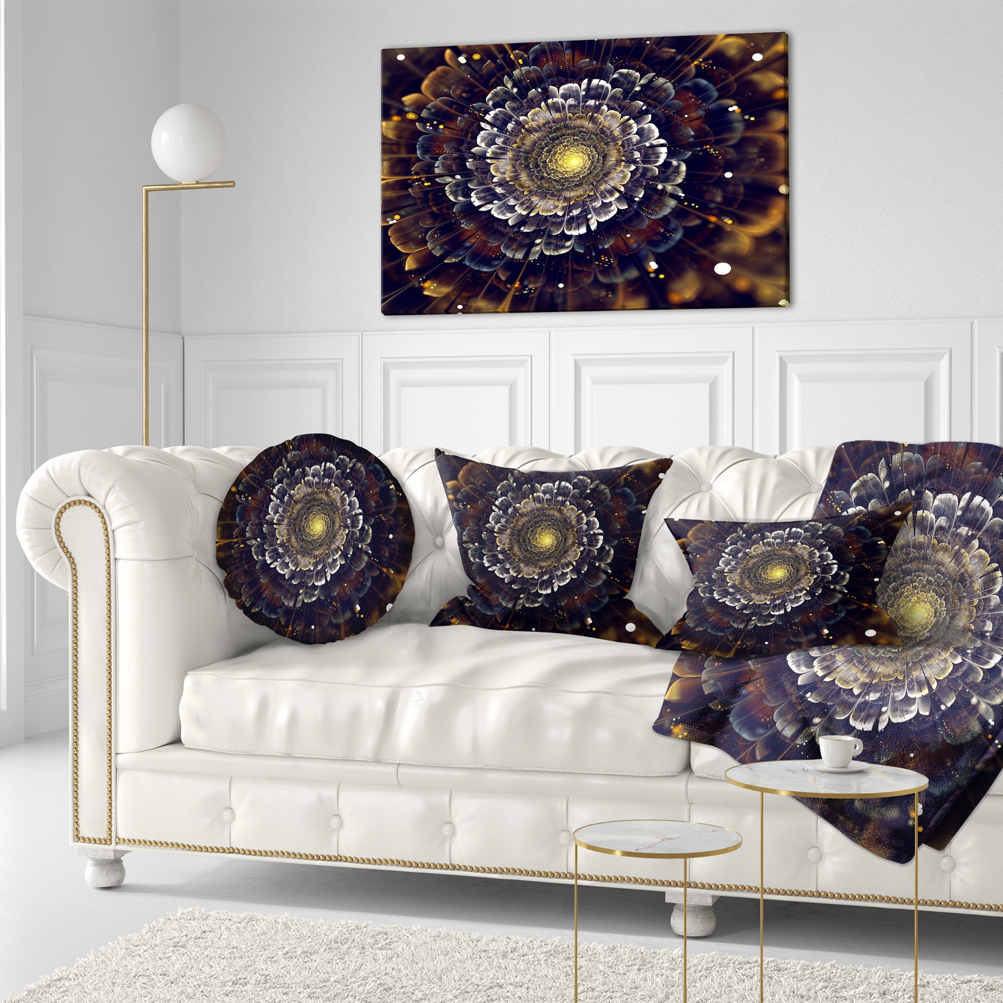 Designart Yellow Fractal Flowers with Violet - Abstract Throw Pillow - 12x20