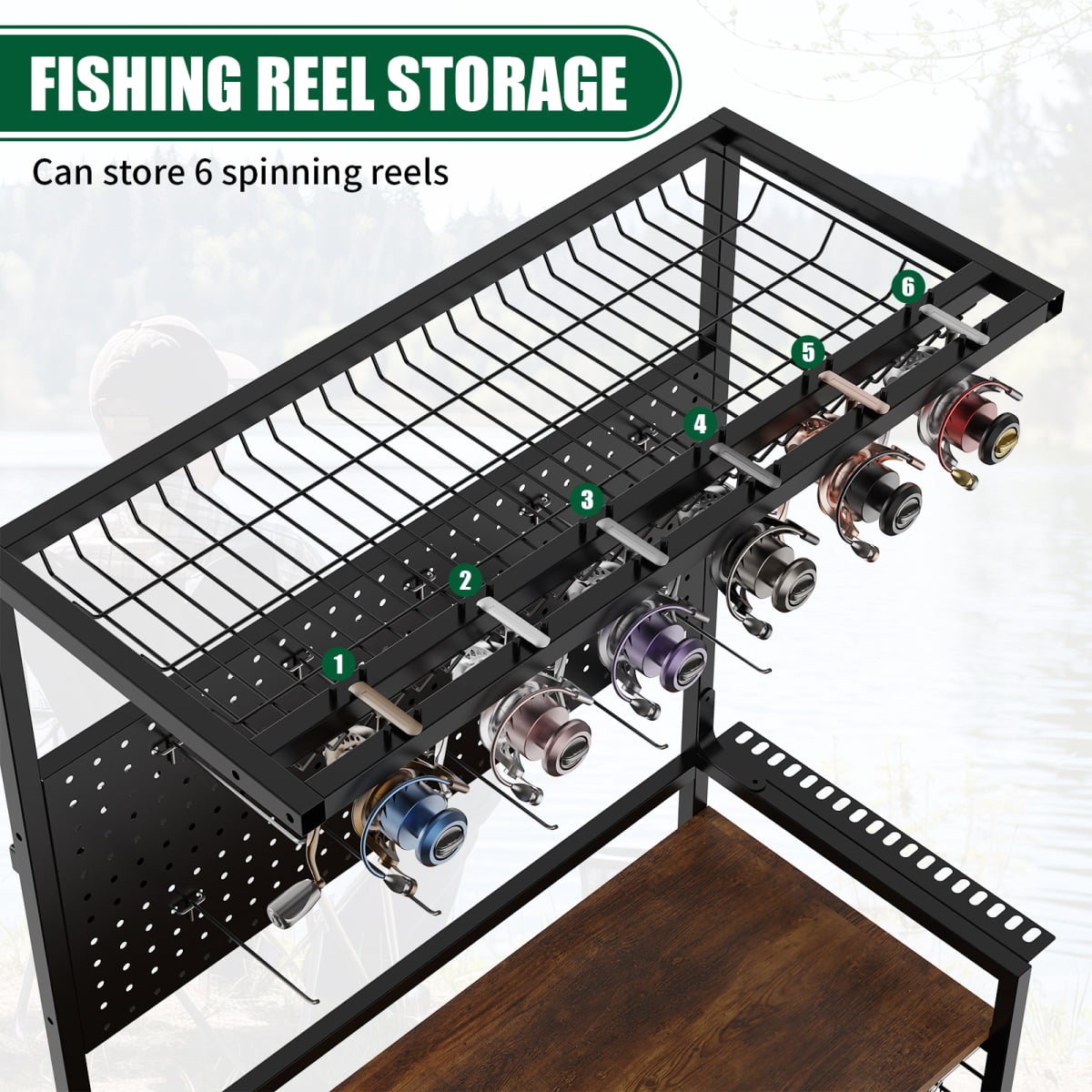 4-in-1 Fishing Rod Holder, 65.6" Heavy Duty Metal Fishing Gear Storage and Organization with Pegboard, Rolling Tackle Organizer Cart, Multi-Tier Stand for Rods, Reels, Tackle Boxes, 4 Lockable Wheels