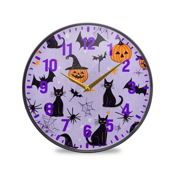Yayeee Wall Clock Battery Operated 9.5" Silent Quartz Non-Ticking for Living Room Decor, Purple Halloween Pumpkin