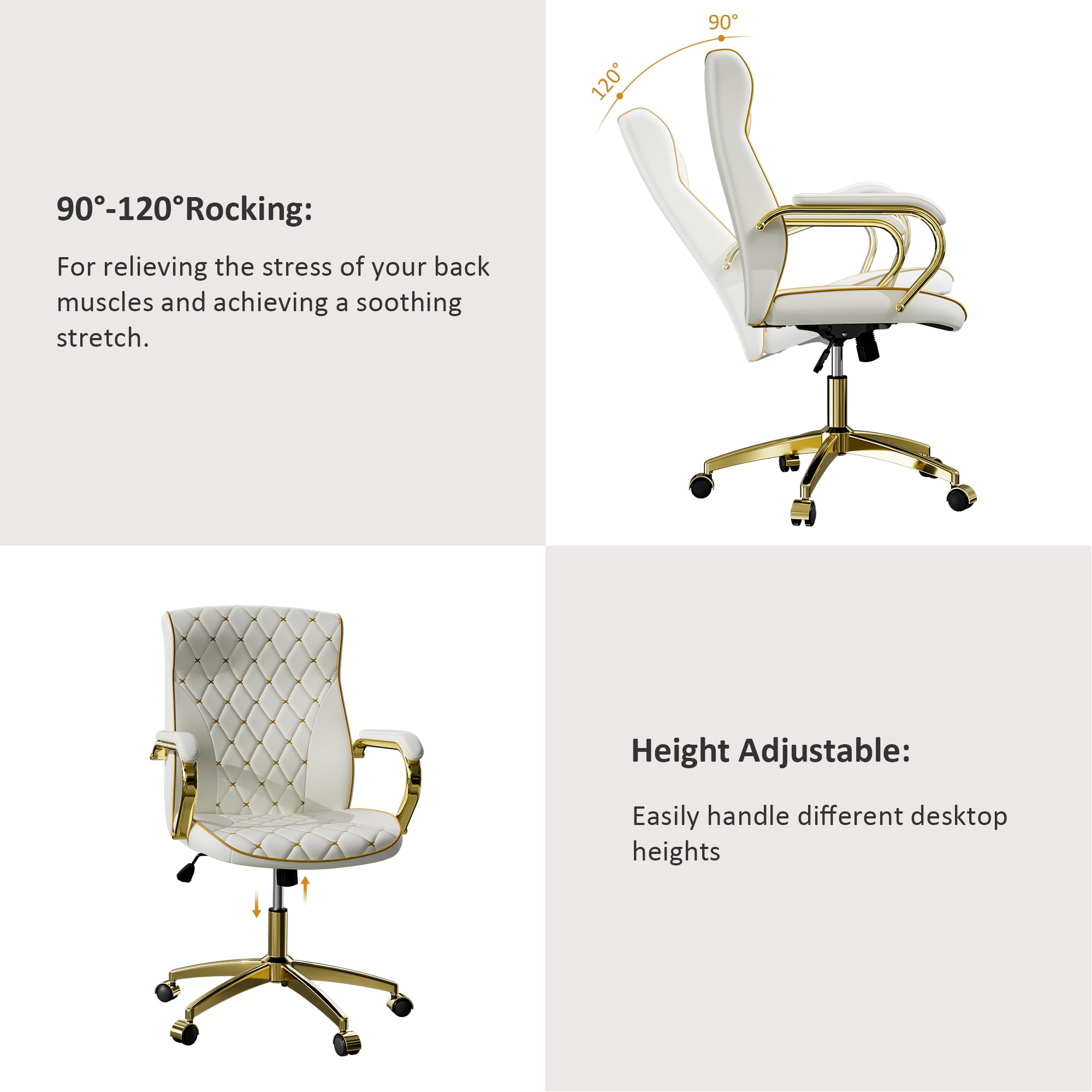 Ninecer Swivel PU Leather Office Chair, Ergonomic High Back Desk Chair with Padded Armrests, Computer Desk Chair with Gold Metal Frame, White