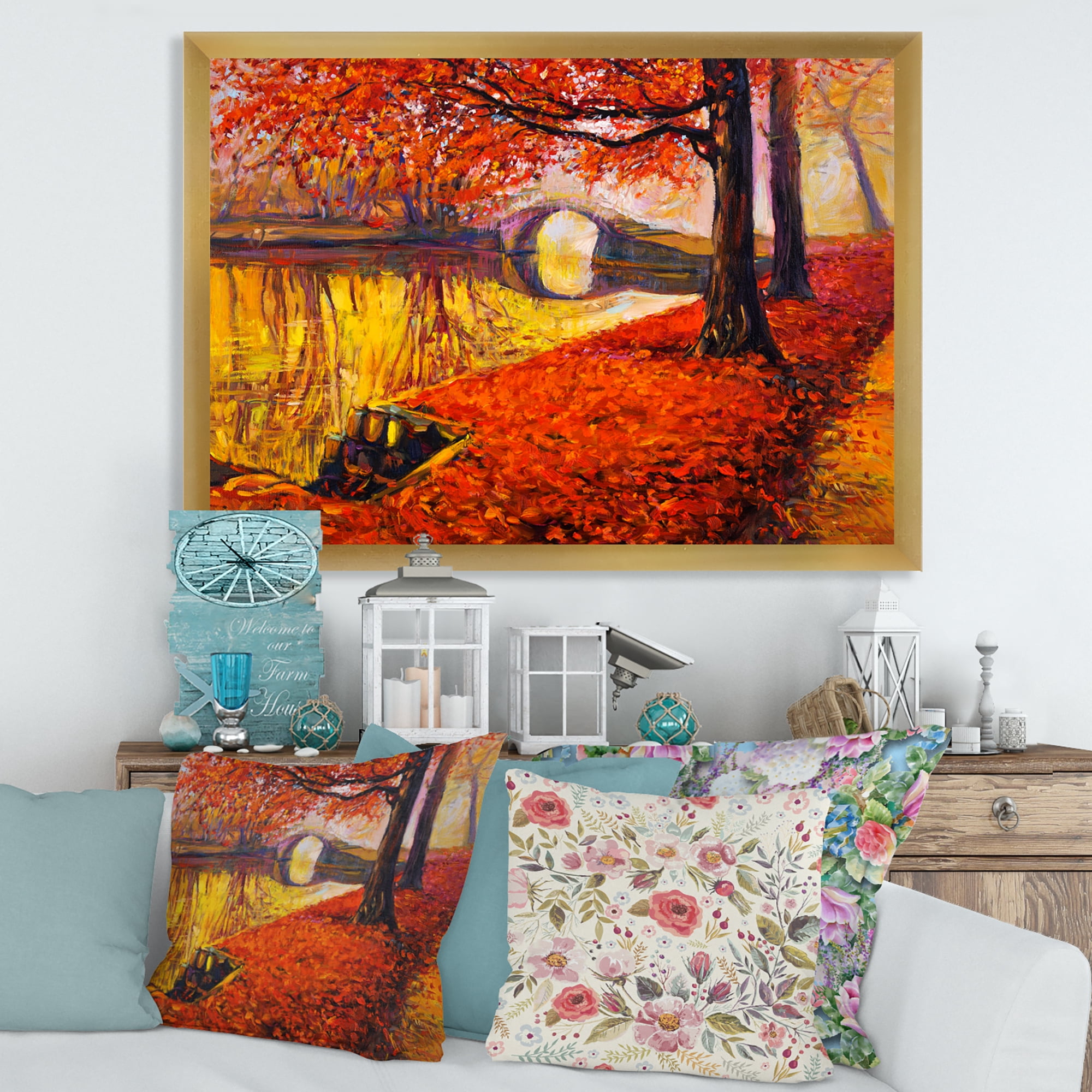 Designart 'Little Bridge In Deep Orange Autumn Landscape I' Traditional Framed Art Print