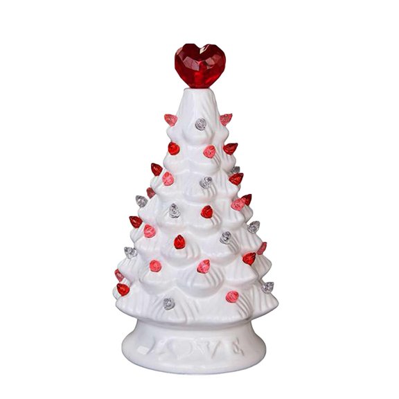 Valentine's Day Ceramic Tree 6.7in Lighted White Christmas Tree with Heart Topper and 2 Colors LED Bulbs Battery Operated Xmas Tree Tabletop Centerpiece Decoration