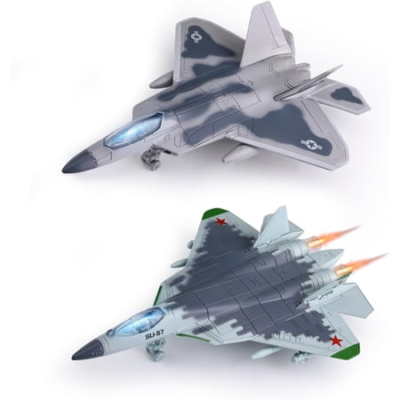 OTANJOU 2 Pack Diecast Fighter Jet Toy Set with Lights & Sounds, Pull Back Airplane F-22 & SU-57 1:144 Scale Military Aircraft Models with Display Stand