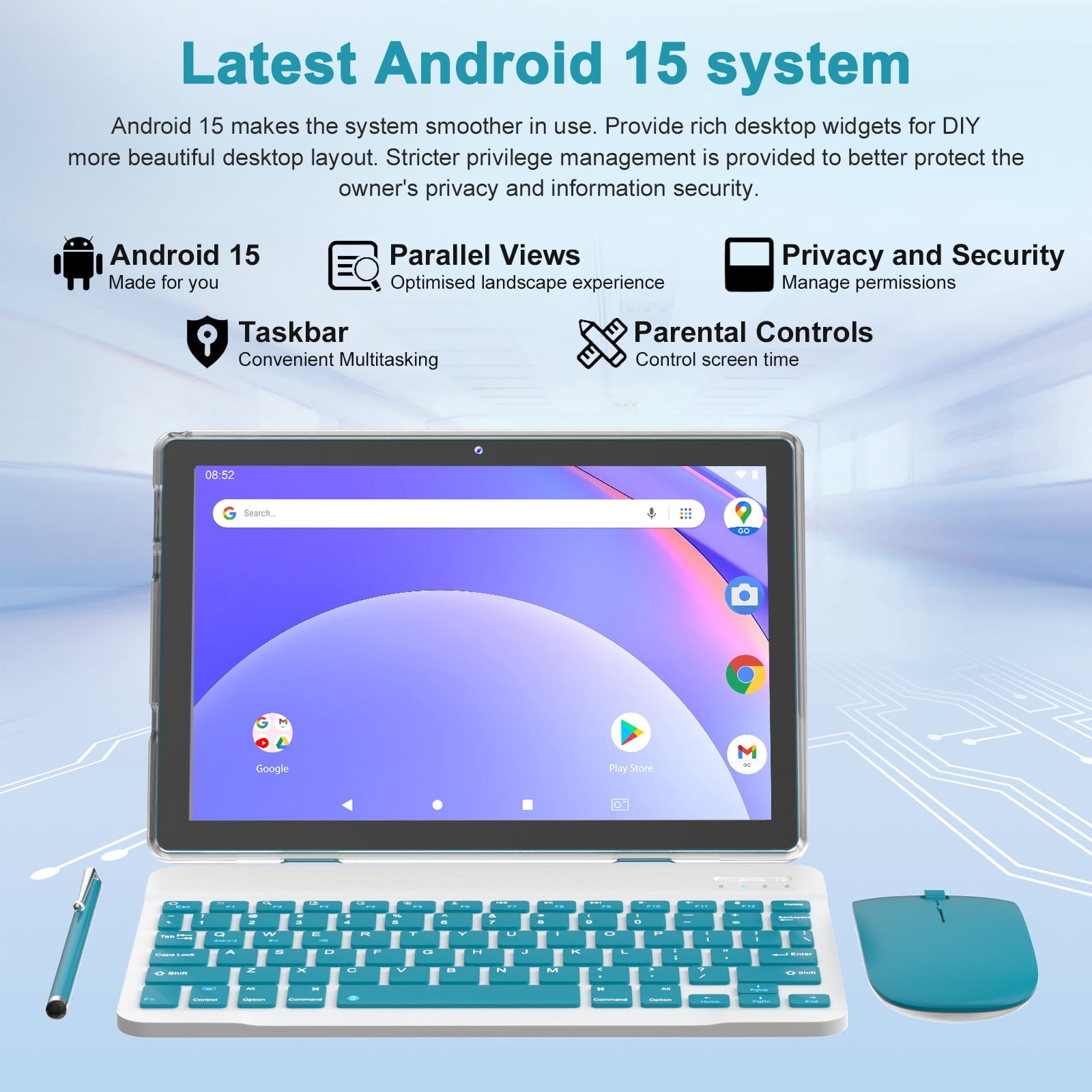 Android 15 Tablet 2 in 1 Tablets 10 Inch Tablet with Keyboard Mouse Case Protective Stylus 10.1" Tab 8GB+64GB Support 1TB Expansion 2MP+8MP Dual Camera 6000mAh Battery Bluetooth WIFI-6, Navy