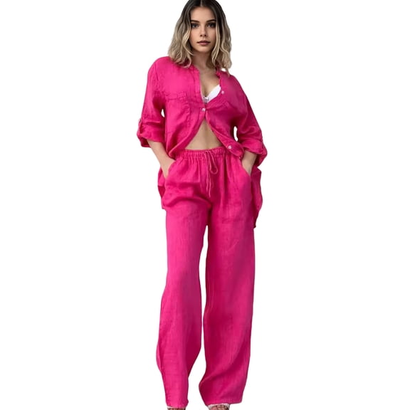 2 Pcs/Set Fall Spring Women Shirt Pants Set Long Sleeves Stand Collar Button-down Blouse Elastic Waist Trousers OL Commuting Sport Pantsuit Outfit