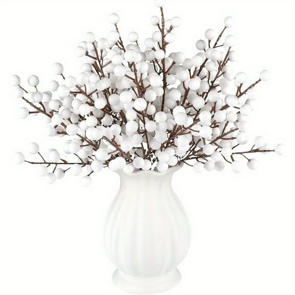 [Artificial Flowers & Berry] 27pcs Artificial Flowers & Berry Stems | Snowy White Blossoms with Brown Branches for Christmas Tree Wreath, DIY Holiday Decor,  Festive Vase Centerpiece, Realistic Flora