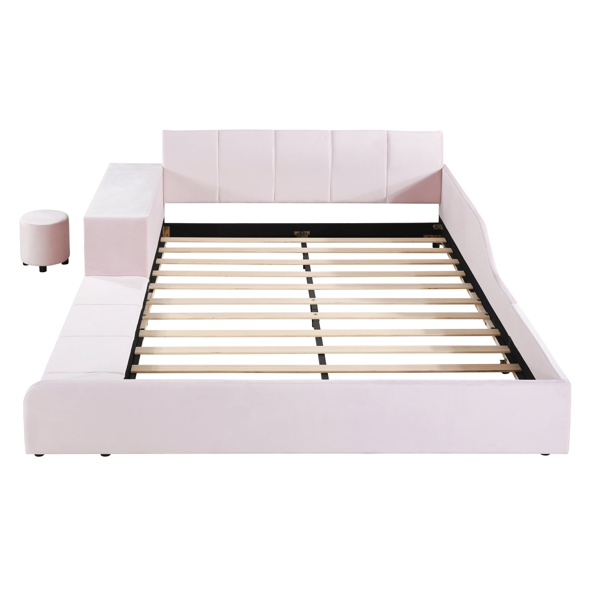 Aukfa Queen Size Velvet Upholstered Mother & Child Bed Frame, Grounded Platform Bed with Bedside Desk & Round Stool, Floor Bed for Kids & Adults Bedroom, Pink