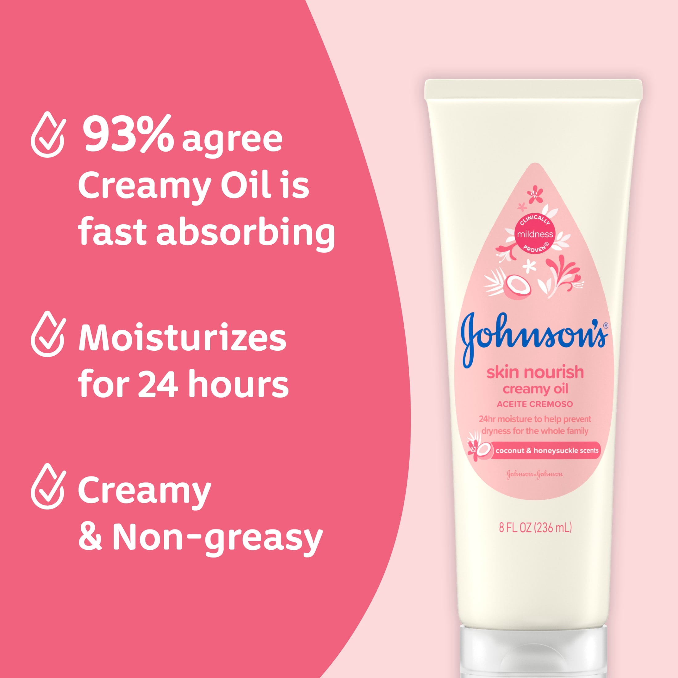 Johnson's Creamy Baby Body Oil Moisturizer, Coconut & Honeysuckle Scent, 8 fl oz