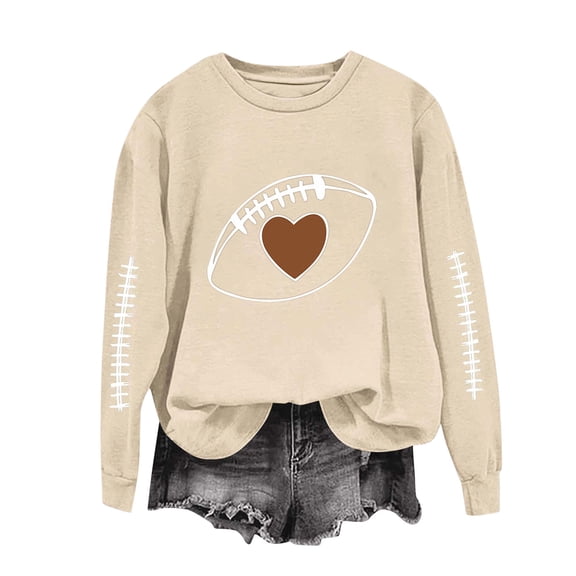 Qgtaibl Long Sleeve Fleece Sweatshirts for Women Heart Football Print Game Day Pullover Tops Fall Casual Football Season Shirt Khaki S