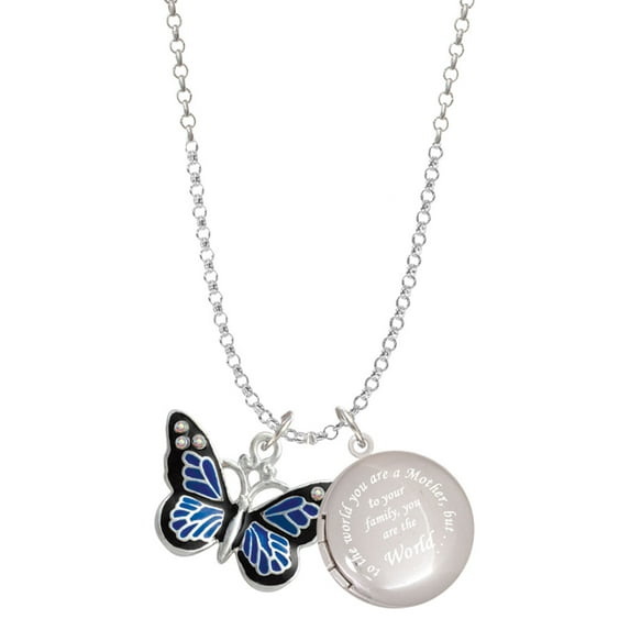 Delight Jewelry Silvertone Large Blue Butterfly with 6 AB Crystals To the World You are a Mother Locket Necklace