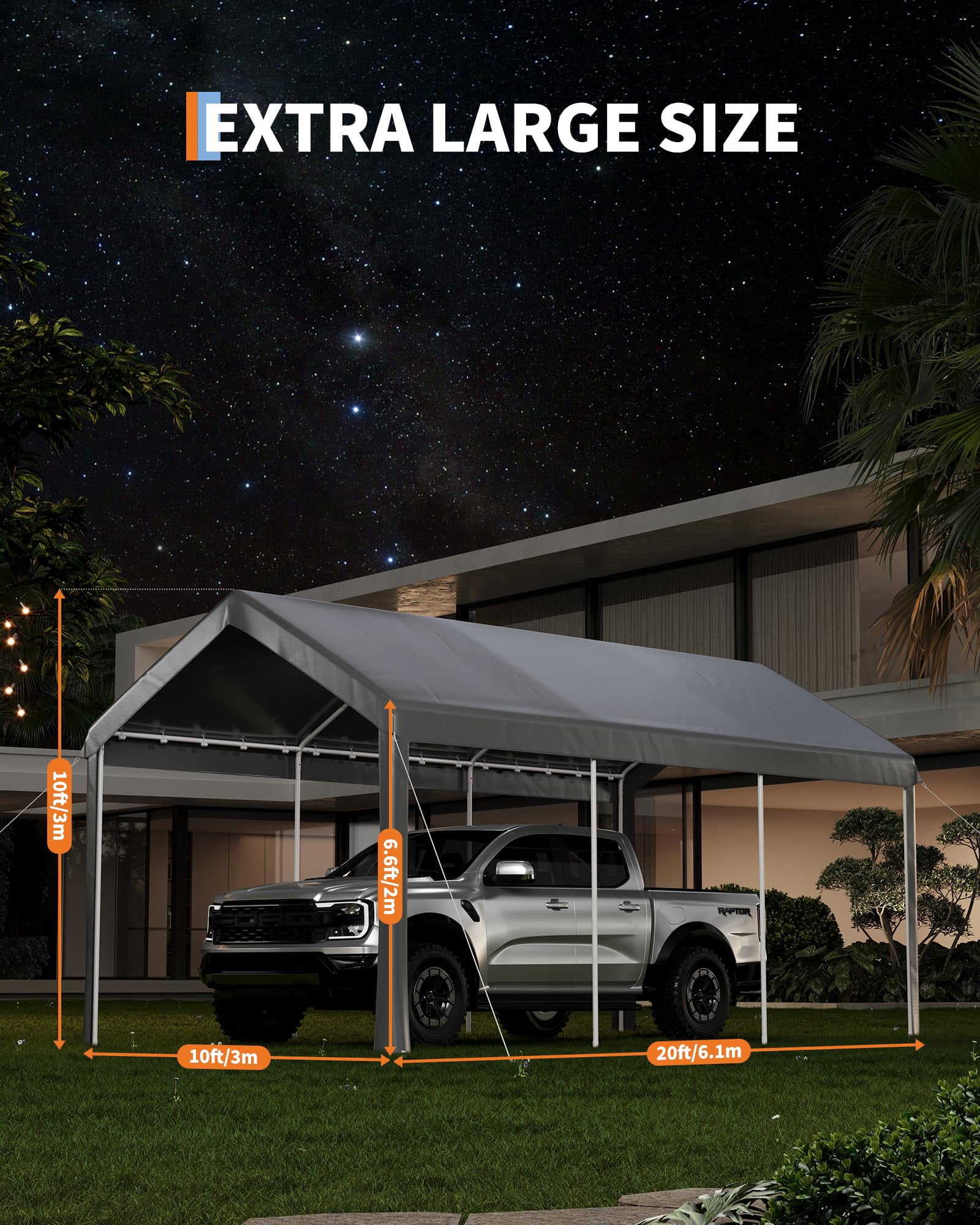 10X20 FT Carport Canopy, Portable Car Tent Garage with Roll-Up Door, All-Season Tarp Cover, Removable Side Walls, Outdoor Storage Shed,Grey