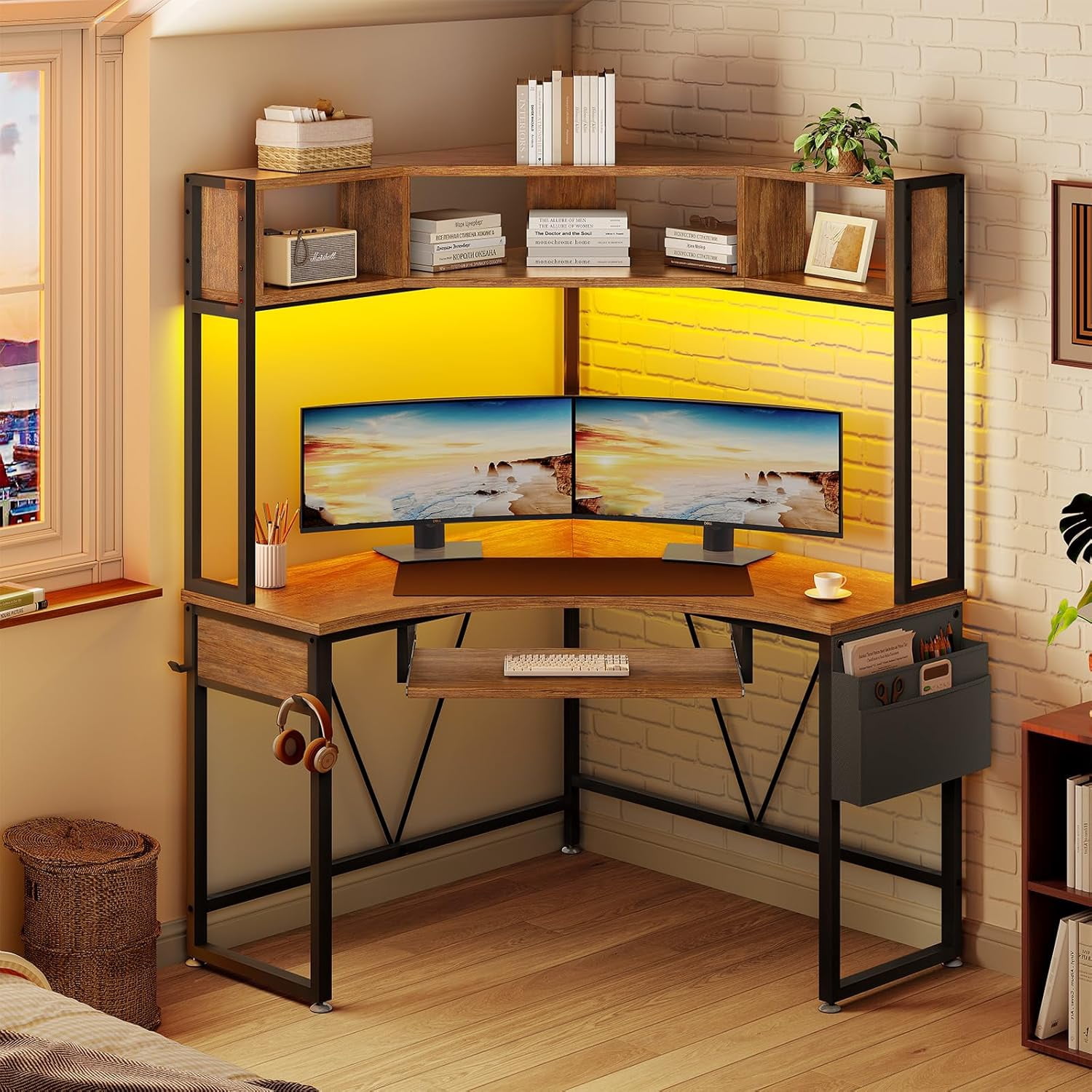 SEDETA Corner Gaming Desk with LED Lights&Hutch Computer Desk with Headphone Hook&Keyboard Tray for Bedroom, Rustic Brown