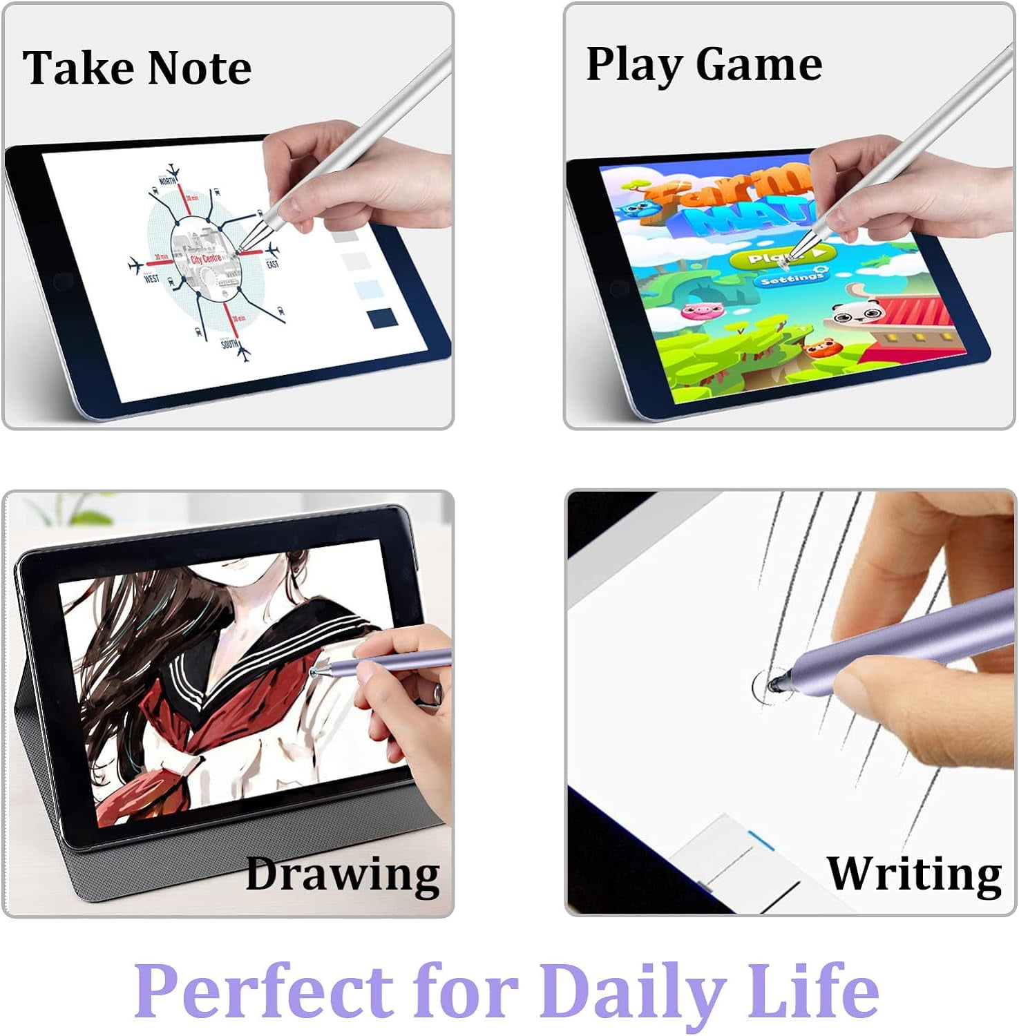 Stylus Pen for iPad, Stylus Pens for Apple/iPhone/Ipad pro/Mini/Air/Android/Microsoft/Surface Capacitive Touch Screens Universal with 4 Replacement Tips (2 Pcs, Purple and Silver)