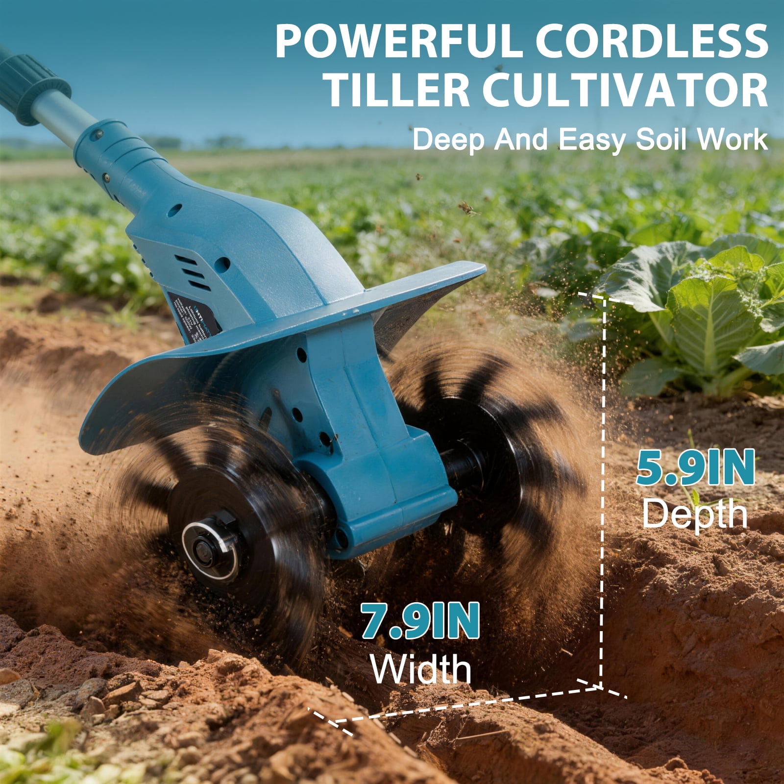 Lznioz Cordless Tiller Cultivator, 21V Electric Garden Tiller with Dual 4.0Ah Batteries, Lightweight Rototiller for Garden Lawn Yard Soil Cultivating