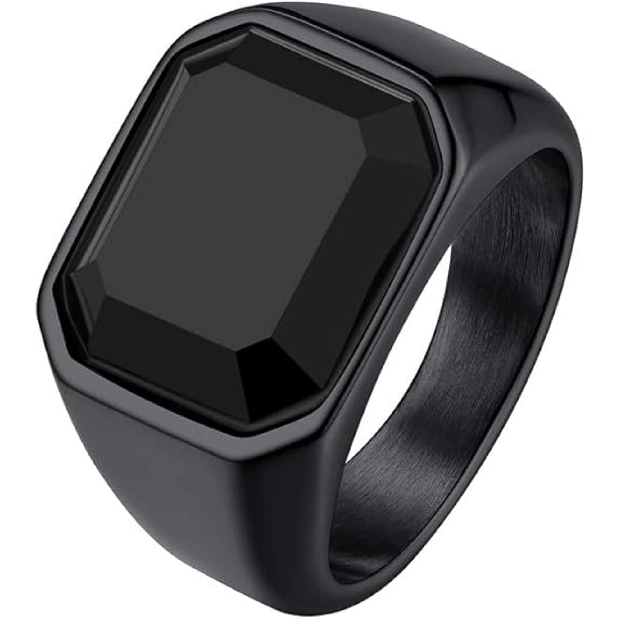 ChainsHouse Black Rings for Men Black Onyx Stone Stainless Steel Band Ring Birthday Christmas Valentines Jewelry Gift, Size 07-14