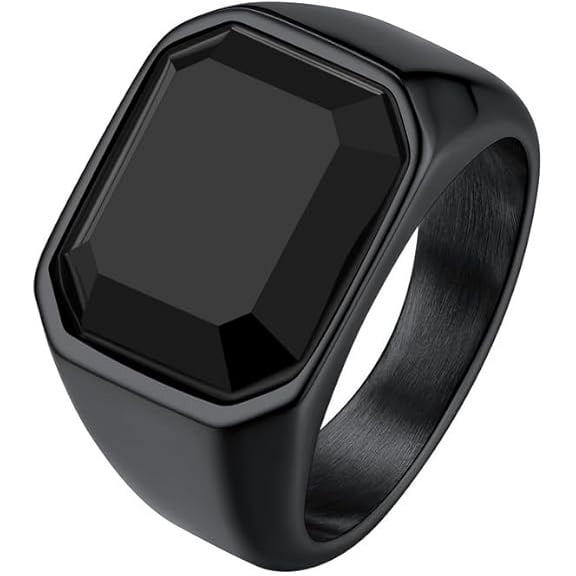 ChainsHouse Black Rings for Men Black Onyx Stone Stainless Steel Band Ring Birthday Christmas Valentines Jewelry Gift, Size 07-14